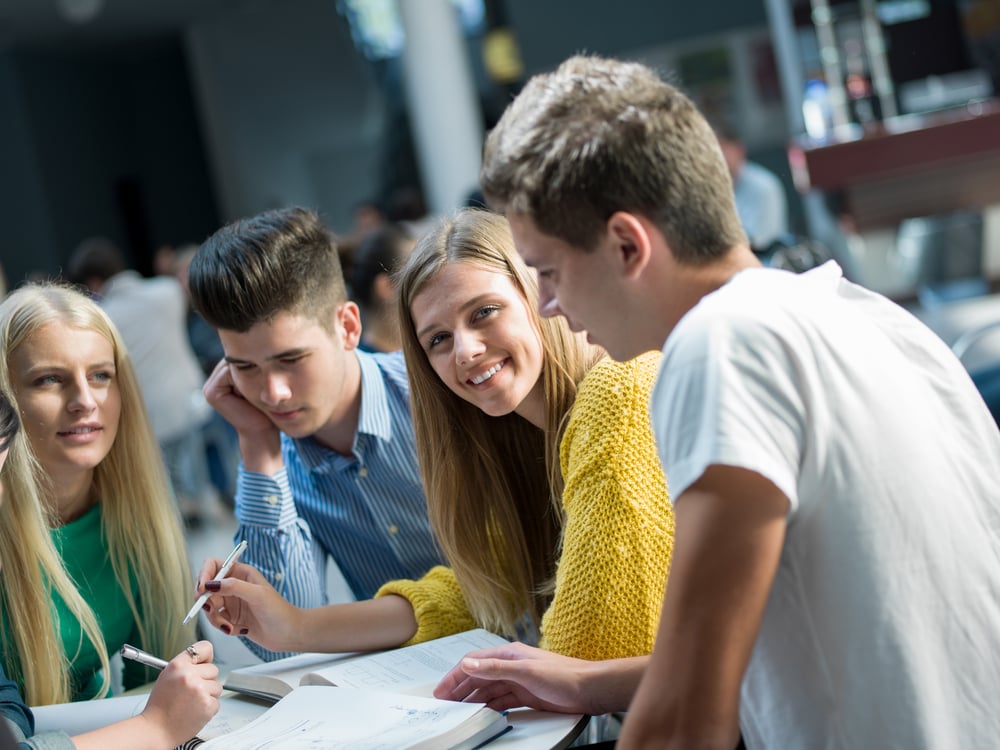 happy students group  study in classroom